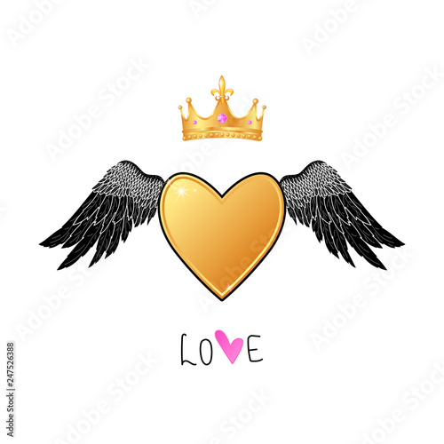 Shiny gold heart with angel wings and  realistic crown