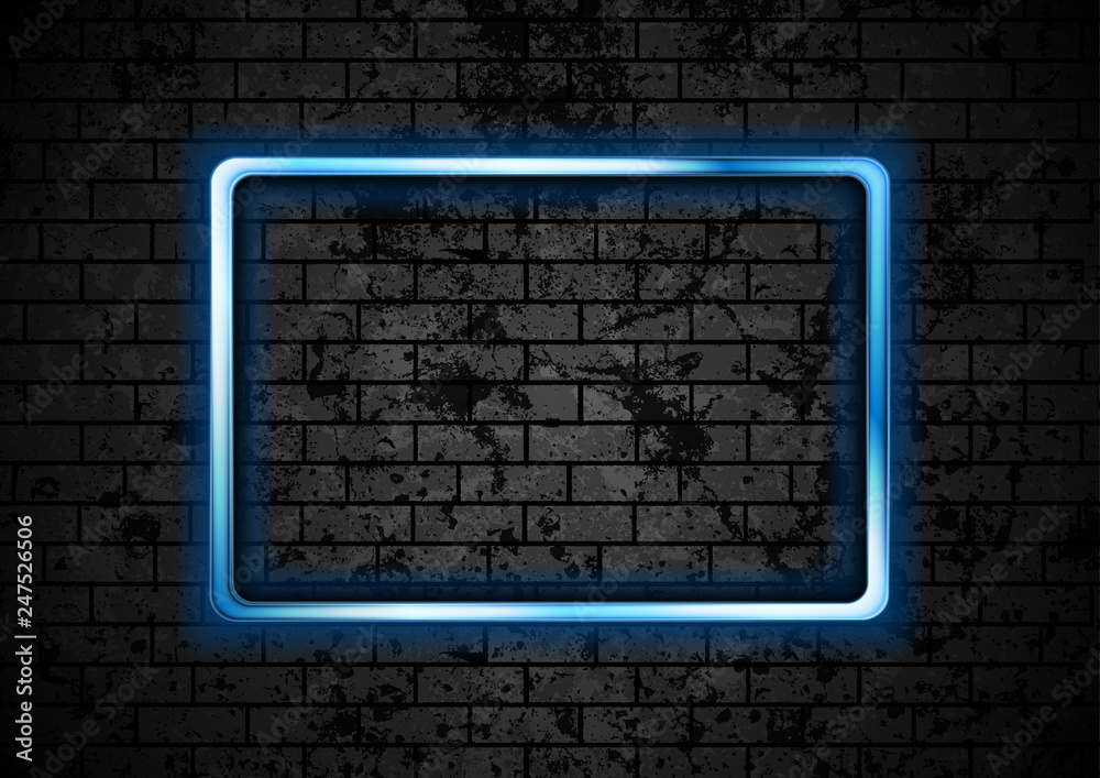 Blue glowing neon rectangle frame on brick wall