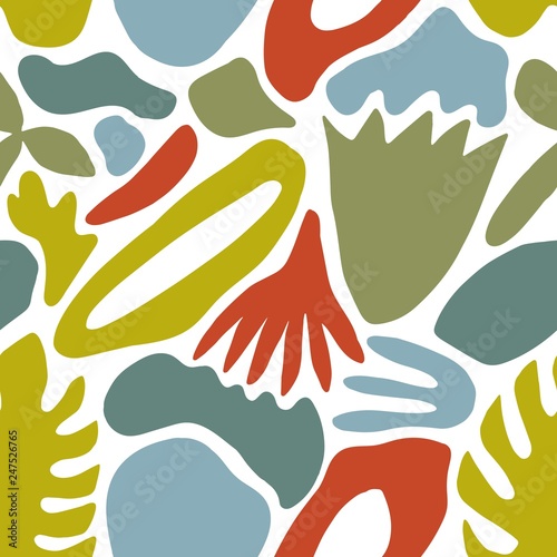 Bright seamless pattern with abstract colorful shapes and green nature elemen...