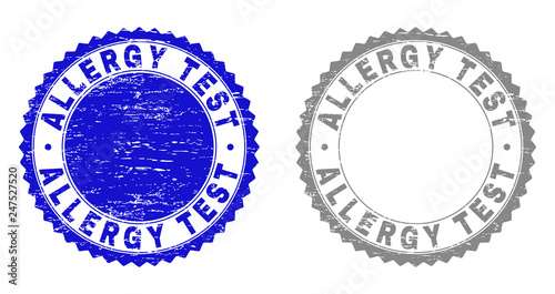 ALLERGY TEST stamp seals with grunge texture in blue and grey colors isolated on white background. Vector rubber imprint of ALLERGY TEST title inside round rosette. Stamp seals with unclean styles.