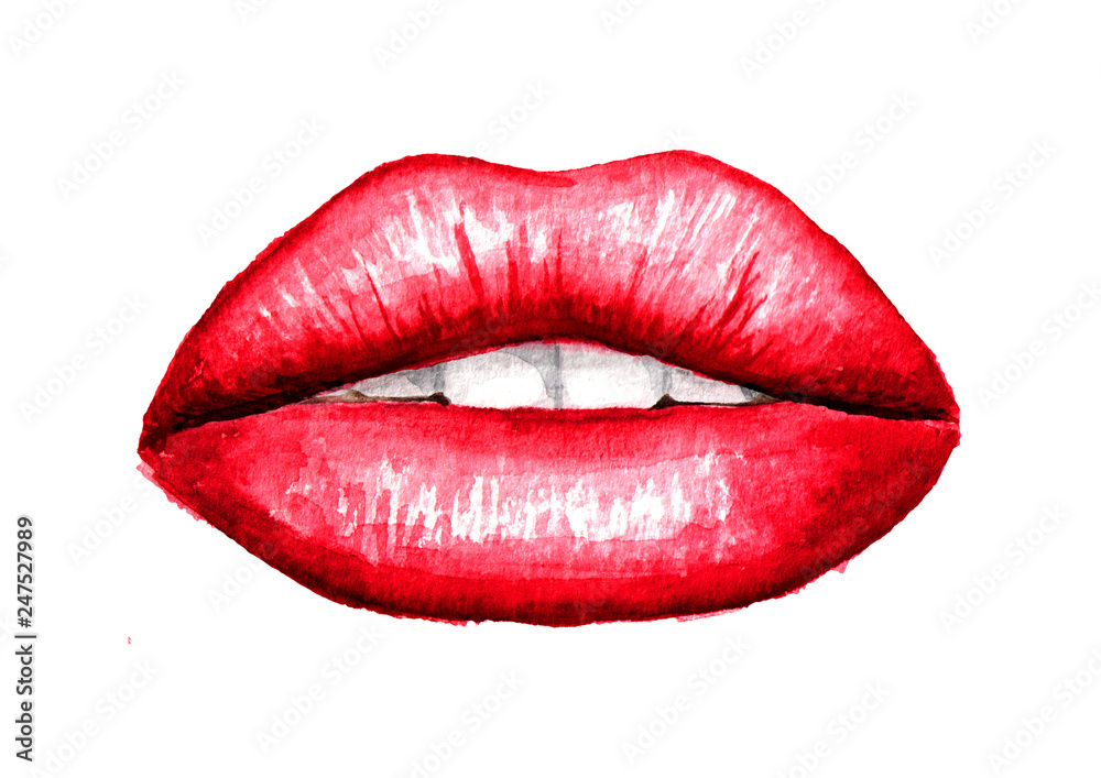 Sexy Plump puffy lips with red lipstick. Watercolor hand drawn illustration, isolated on white background Sexy Plump puffy lips with red lipstick. Watercolor hand drawn illustration, isolated on white background