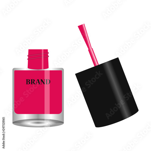 Pink nail polish in round glass bottle with black cap and wet brush