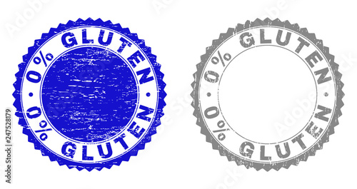 0% GLUTEN stamp seals with grunge texture in blue and gray colors isolated on white background. Vector rubber watermark of 0% GLUTEN label inside round rosette. Stamp seals with dirty textures.