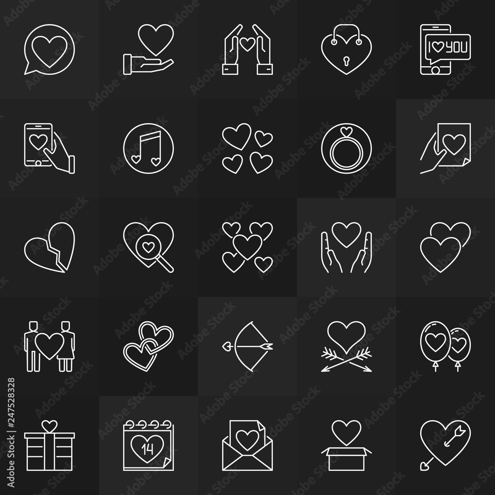 Saint Valentine's Day vector concept outline icons or signs on dark background