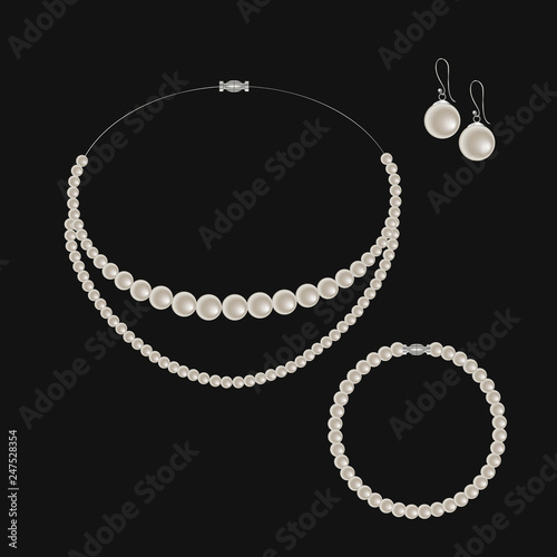 Realistic set of jewelry: pearl necklace, bracelet and earrings