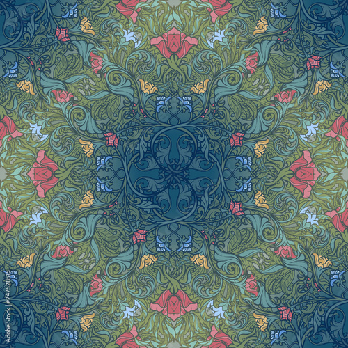 Decorative flower composition with stylized red poppies and bluebells. Medieval gothic style seamless pattern. EPS10 vector illustration