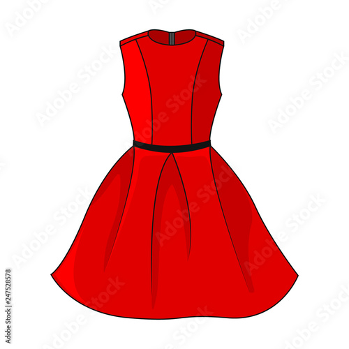 Elegant red dress icon. Beautiful short red dress with black / gray belt