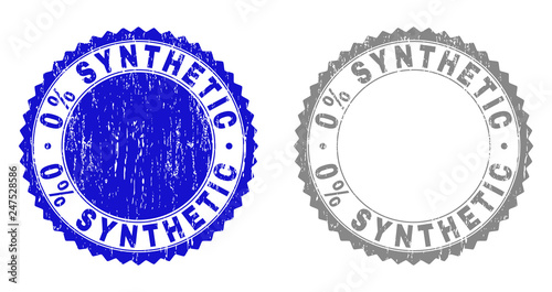 0% SYNTHETIC stamp seals with grunge texture in blue and gray colors isolated on white background. Vector rubber imprint of 0% SYNTHETIC caption inside round rosette. Stamp seals with grunge styles.