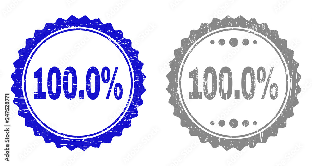 100.0% stamp seals with distress texture in blue and grey colors isolated on white background. Vector rubber overlay of 100.0% title inside round rosette. Stamp seals with grunge styles. 100.0% stamp seals with distress texture in blue and grey colors isolated on white background. Vector rubber overlay of 100.0% title inside round rosette. Stamp seals with grunge styles.