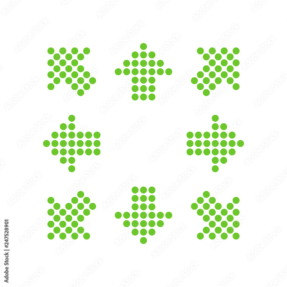 Green points in the shape of arrows in 8/eight different directions. Vector illustration, EPS10.