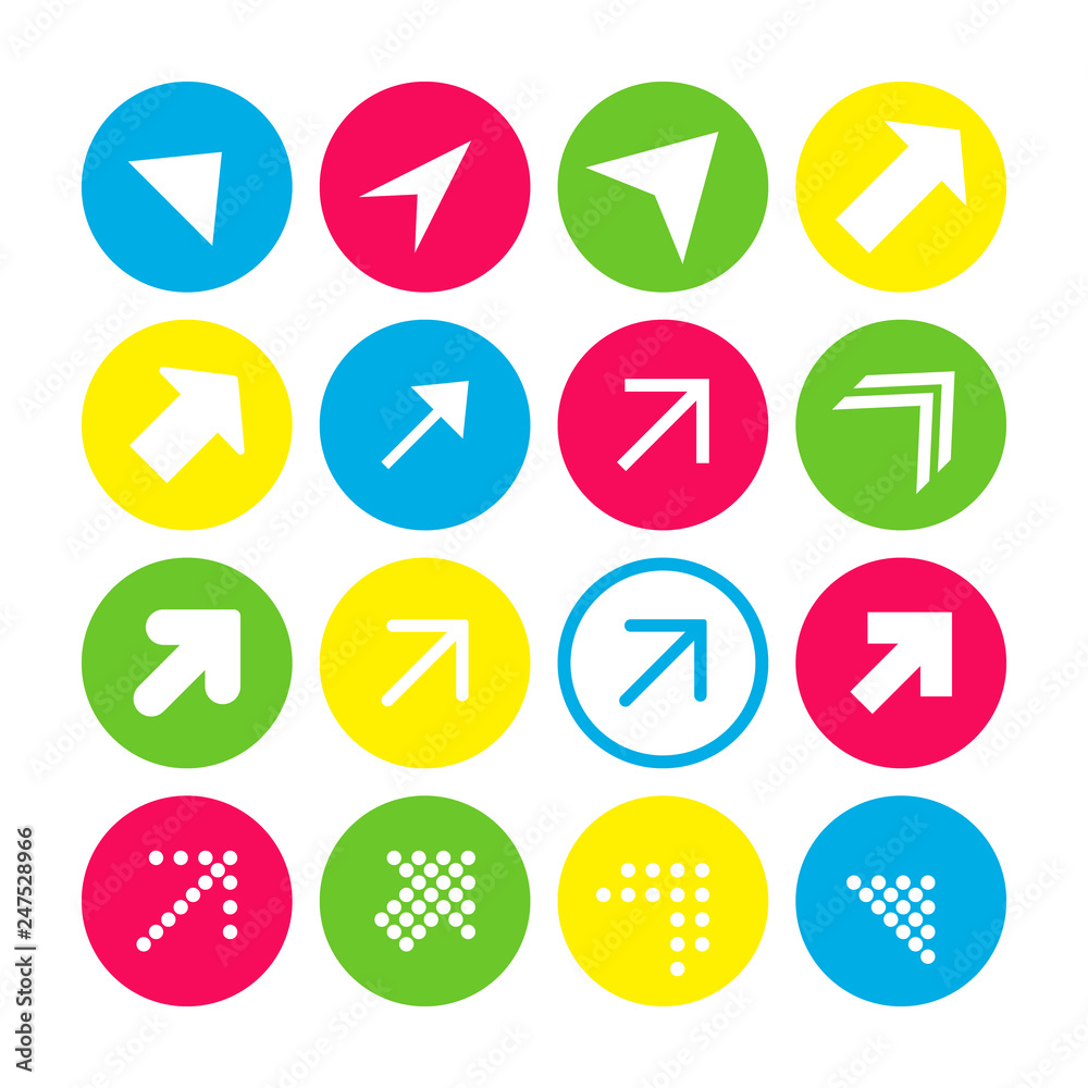 Set of 16 arrows with the north-east direction. Arrow buttons on white background in crimson, blue, yellow and transparent circles Set of 16 arrows with the north-east direction. Arrow buttons on white background in crimson, blue, yellow and transparent circles