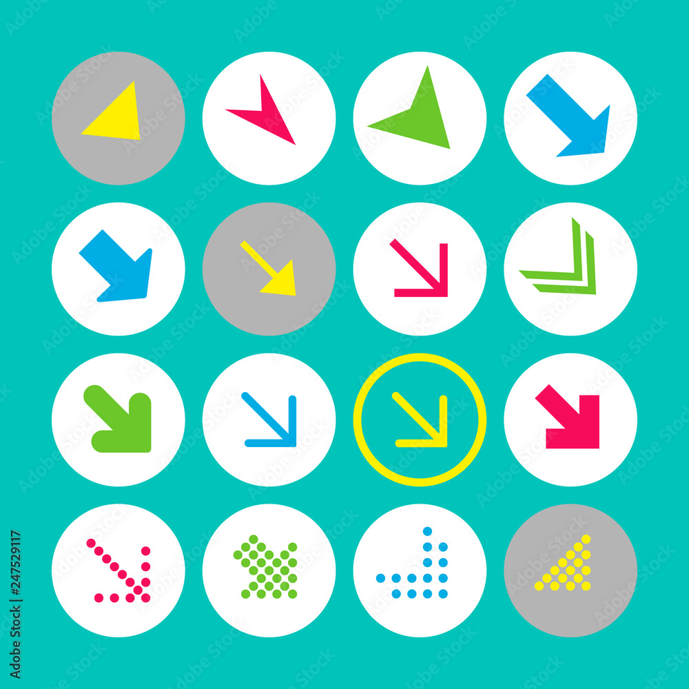Set of 16 arrow icons with south-east direction. Arrow buttons on turquoise background in white, gray and transparent circles Set of 16 arrow icons with south-east direction. Arrow buttons on turquoise background in white, gray and transparent circles