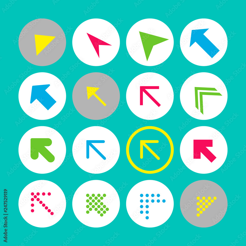 Set of 16 arrow icons with north-west direction. Arrow buttons on turquoise background in white, gray and transparent circles Set of 16 arrow icons with north-west direction. Arrow buttons on turquoise background in white, gray and transparent circles