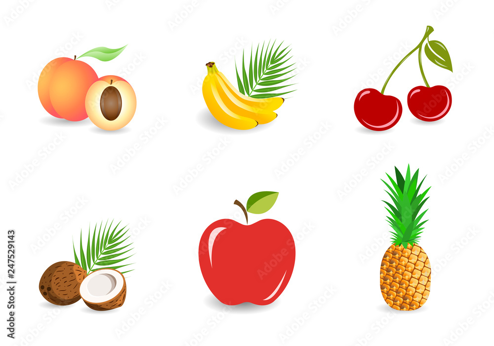 Set of fruits: whole and pieces - bananas, pineapple, coconut, peach, apple, cherries