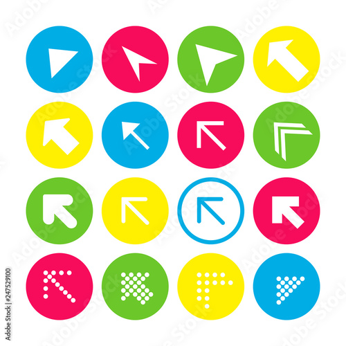 Set of 16 arrow icons with north-west direction. Arrow buttons on white background in crimson, blue, yellow and transparent circles © Roman