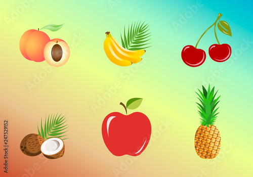 Fototapeta Naklejka Na Ścianę i Meble -  Set of fruits: whole and pieces - bananas, pineapple, coconut, peach, apple, cherries