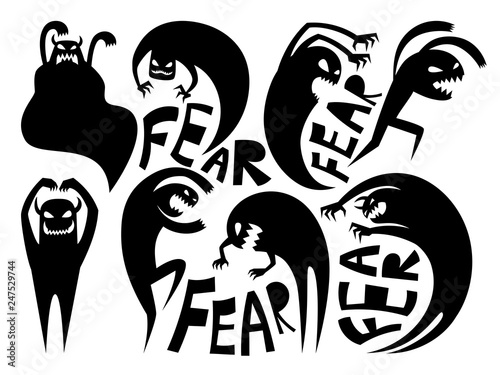 Fear silhouettes. Anxiety and disorder icons, conflicting and attack signs, dark demon or evil night devil vector illustration isolated