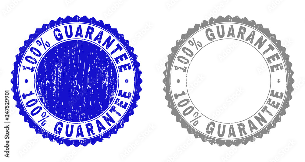 100% GUARANTEE stamp seals with distress texture in blue and grey colors isolated on white background. Vector rubber watermark of 100% GUARANTEE label inside round rosette.