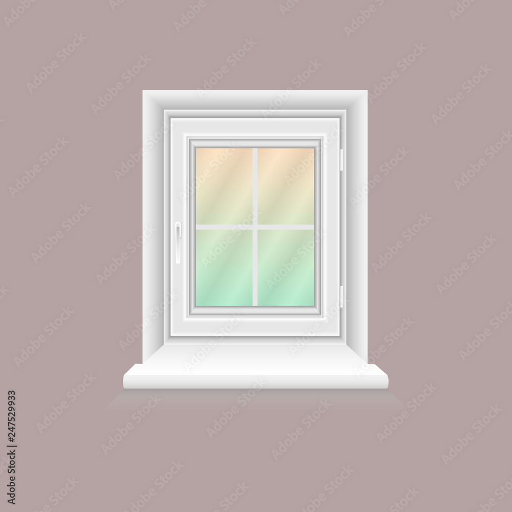 White window frame on lilac wall White window frame on lilac wall