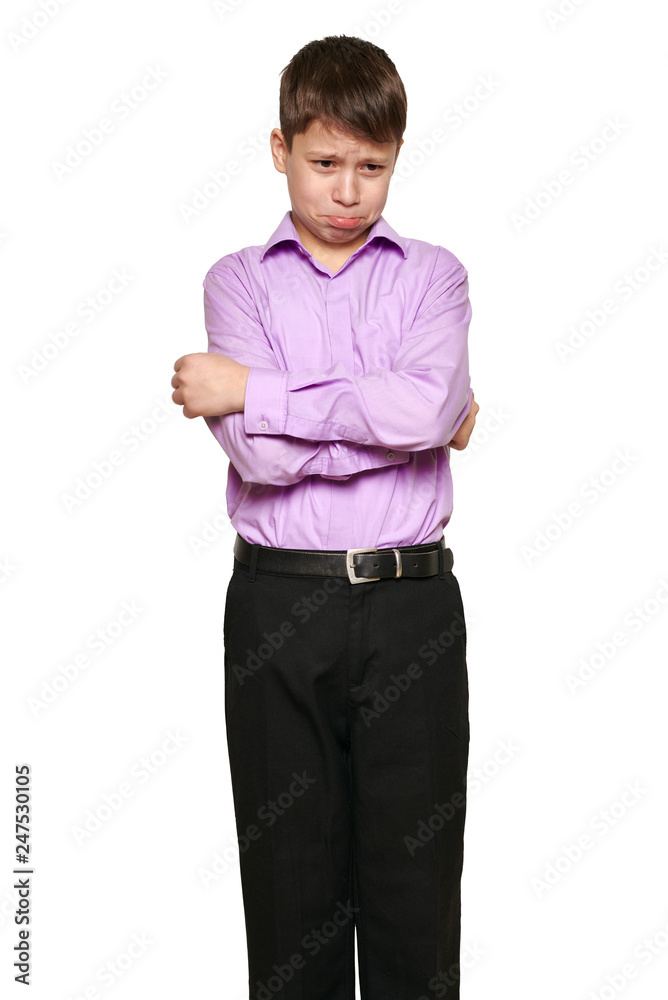 Fototapeta premium Boy posing on white background, black trousers and purple shirt