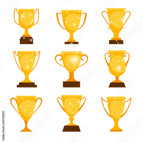 Gold award cups. Cartoon winner cup prizes, golden metal winning trophy icons for sport and games isolated on white background, vector illustration