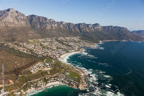 Aerial view of Cape town South Africa from a helicopter. Panorama birds eye view