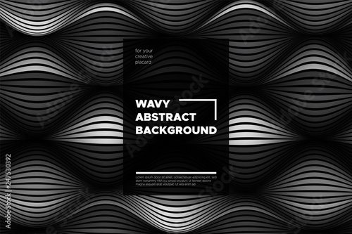 Monochrome Abstract Background with 3d Effect. Wavy Texture with Grey, Black and White Distorted Lines. Optical Illusion. Trendy Abstract Background with Volumetric Striped Shapes for Poster, Covers.