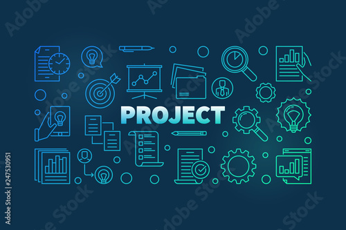 Project outline colorful banner. Vector business modern illustration in thin line style on dark background