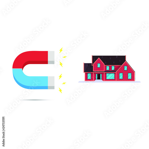 Red and blue horseshoe magnet icon sign attract house. Real estate concept flat style design vector illustration isolated on white background.