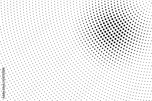 Black on white halftone vector. Radial dotted texture. Faded dotwork gradient. Monochrome halftone overlay
