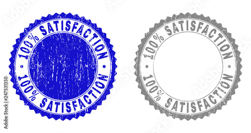 100% SATISFACTION stamp seals with grunge texture in blue and gray colors isolated on white background. Vector rubber imitation of 100% SATISFACTION title inside round rosette.
