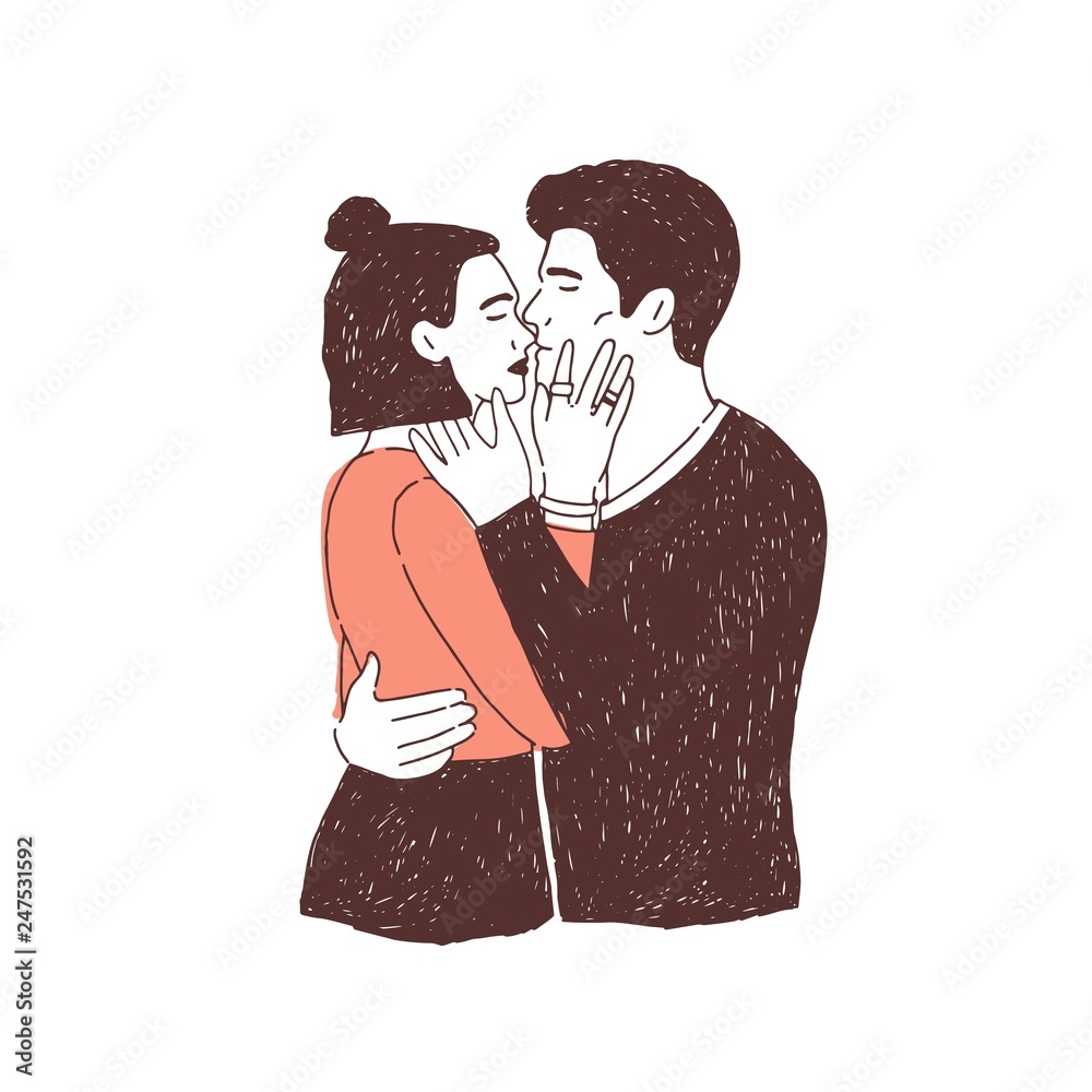Pair Of Passionate Lovers On Date Young Stylish Man And Woman Hugging And Kissing Cute Boy And Girl In Love Romantic Partners Cuddling Hand Drawn Realistic Vector Illustration For 14 February Stock Pair Of Passionate Lovers On Date Young Stylish Man And Woman Hugging And Kissing Cute Boy And Girl In Love Romantic Partners Cuddling Hand Drawn Realistic Vector Illustration For 14 February Stock