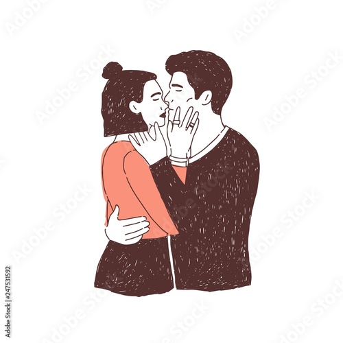 Drawing of Pair of Young Man and Woman Kissing and this is Love Inscription  on White Background. Cute Romantic Couple on Stock Vector - Illustration of  romance, colored: 108313426