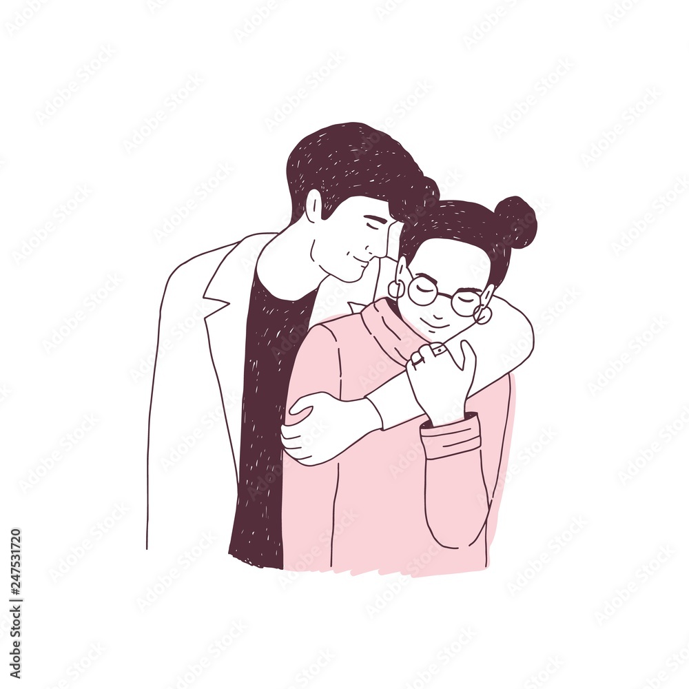 Adorable couple on romantic date. Young man embracing woman in glasses.  Cute boy and girl cuddling. Courtship and love affair. Hand drawn realistic  vector illustration for St. Valentines Day. Stock Vector |
