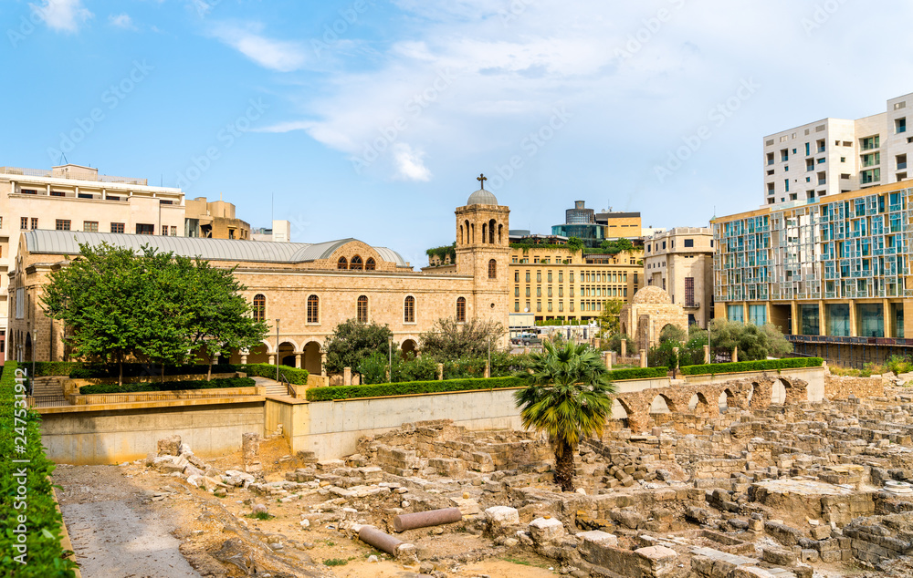 Antique ruins and Saint George Greek Orthodox Cathedral in Beirut, Lebanon