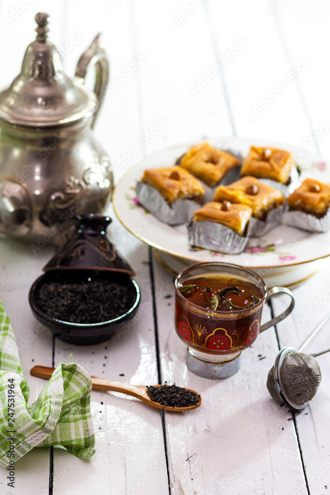 homemade traditional algeria almond and honey baklava with almond on ...