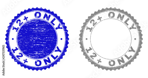 12+ ONLY stamp seals with grunge texture in blue and gray colors isolated on white background. Vector rubber imitation of 12+ ONLY caption inside round rosette. Stamp seals with dirty textures.