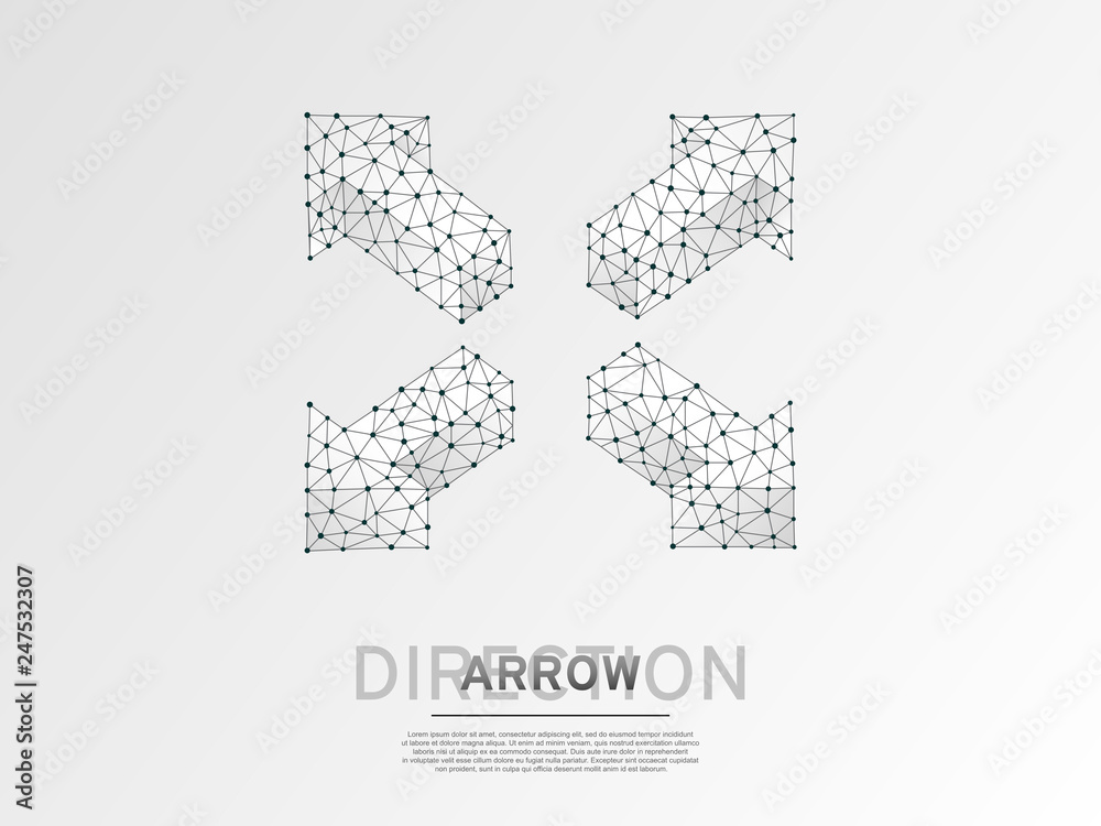 Arrow cross, extend, cross arrow, four-way arrow sign wireframe digital 3d illustration. Low poly crossway choice concept with lines dots on white background. Vector origami style polygonal road guide Arrow cross, extend, cross arrow, four-way arrow sign wireframe digital 3d illustration. Low poly crossway choice concept with lines dots on white background. Vector origami style polygonal road guide