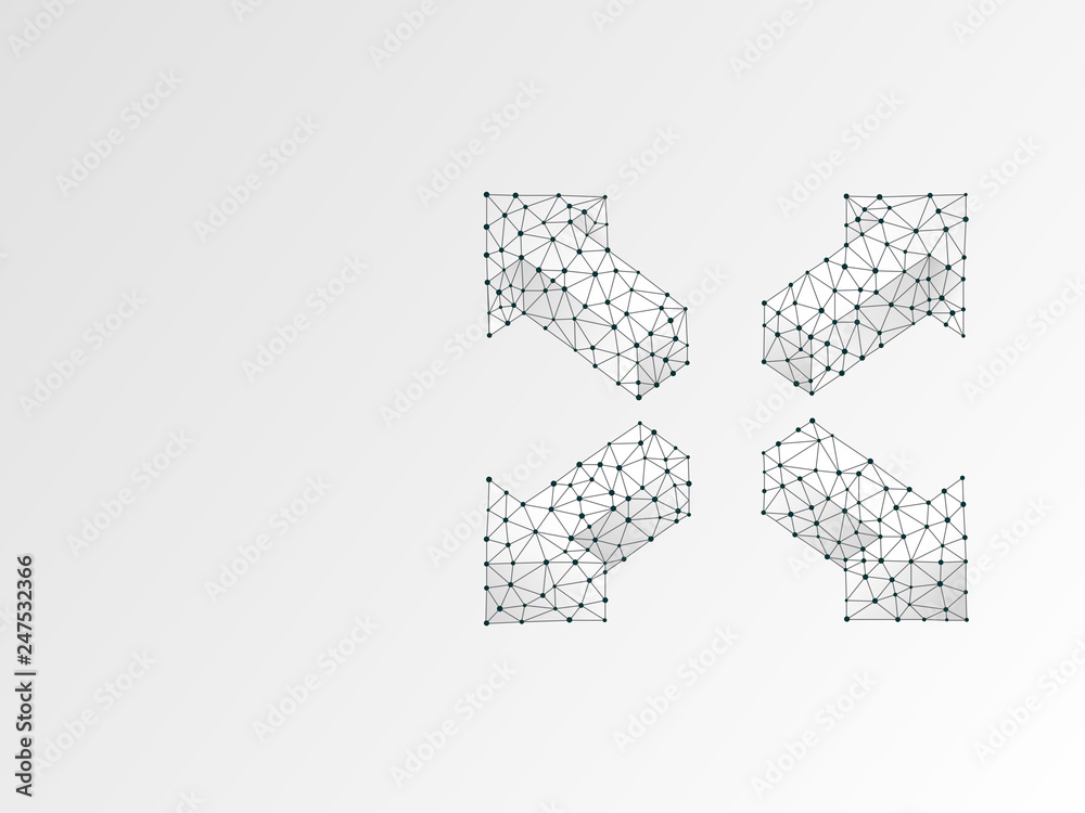 Arrow cross, extend, cross arrow, four-way arrow sign wireframe digital 3d illustration. Low poly crossway choice concept with lines dots on white background. Raster origami style polygonal road guide