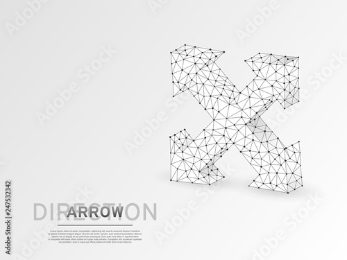 Arrow cross, extend, cross arrow, four-way arrow sign wireframe digital 3d illustration. Low poly crossway choice concept with lines dots on white background. Vector origami style polygonal road guide