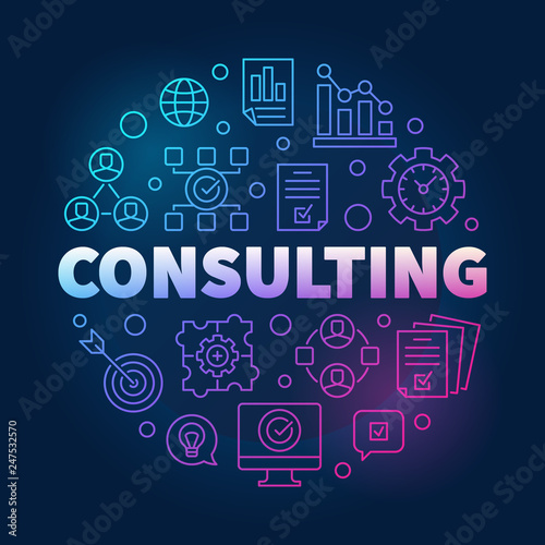 Consulting vector round colorful outline illustration on dark background