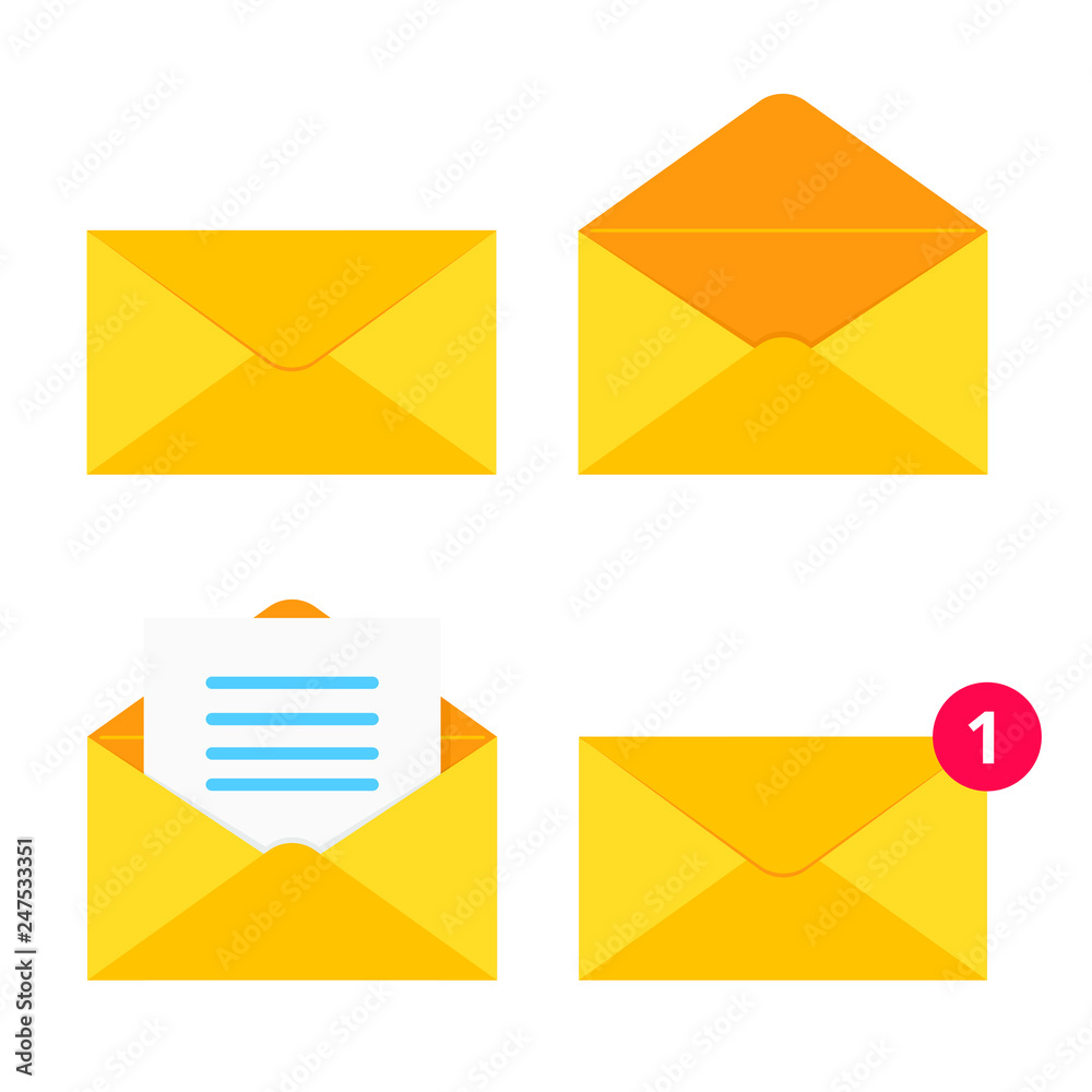 Opened and closed golden yellow envelope flat design vector illustration set. Closed, new message, empty opened, open with paper sheet text new message version isolated on blue background Opened and closed golden yellow envelope flat design vector illustration set. Closed, new message, empty opened, open with paper sheet text new message version isolated on blue background