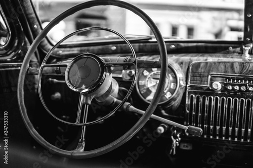 Retro car, retro torpedo car, vintage steering wheel, speedometer, recorder, clock, wooden,