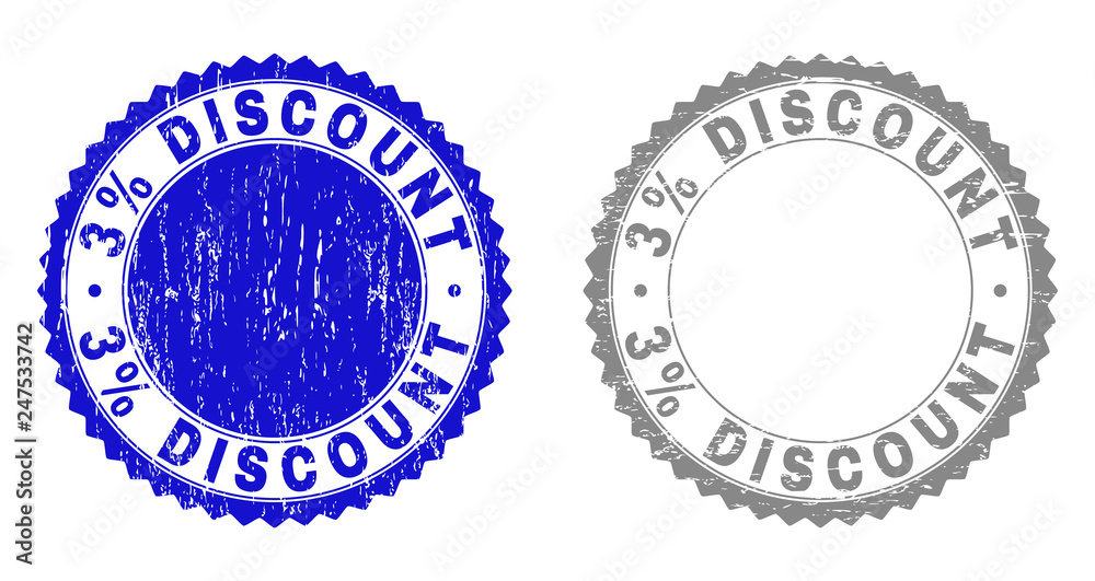 3% DISCOUNT stamp seals with grunge texture in blue and gray colors isolated on white background. Vector rubber imprint of 3% DISCOUNT caption inside round rosette. Stamp seals with dirty textures.