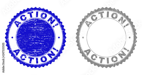 ACTION! stamp seals with grunge texture in blue and grey colors isolated on white background. Vector rubber imitation of ACTION! caption inside round rosette. Stamp seals with grunge textures.