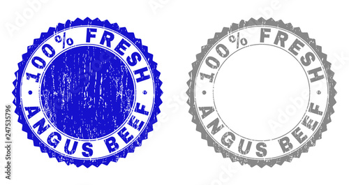 100% FRESH ANGUS BEEF stamp seals with grunge texture in blue and grey colors isolated on white background. Vector rubber imitation of 100% FRESH ANGUS BEEF title inside round rosette.