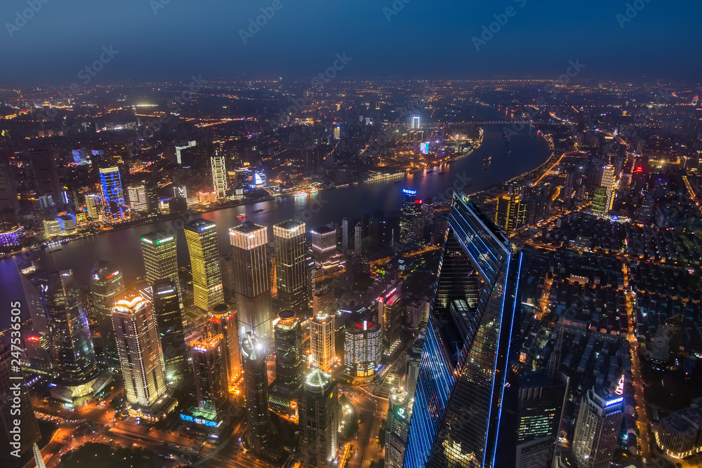 Shanghai, China - May 23, 2018: A night view from Shanghai tower to the modern skyline in Shanghai, China