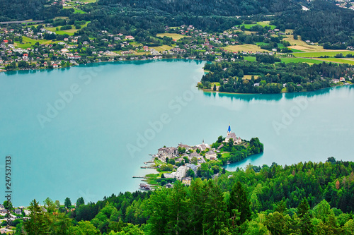 Aerial view over Lake Worthersee in Austria, summertime outdoor background photo