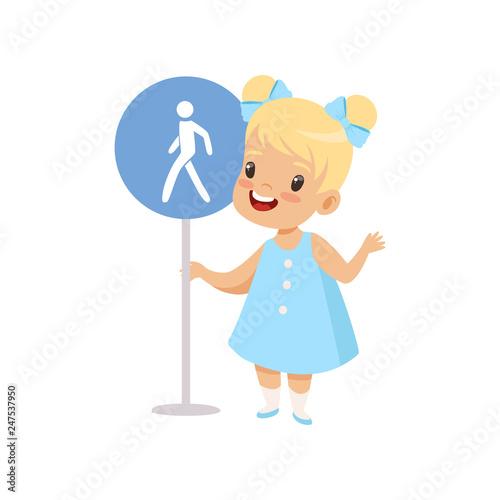 Lovely Girl Standing with Pedestrian Road Sign, Traffic Education, Rules, Safety of Kids in Traffic Vector Illustration