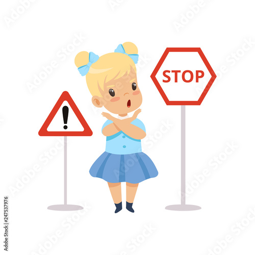 Cute Girl and Warning Road Signs, Traffic Education, Rules, Safety of Kids in Traffic Vector Illustration